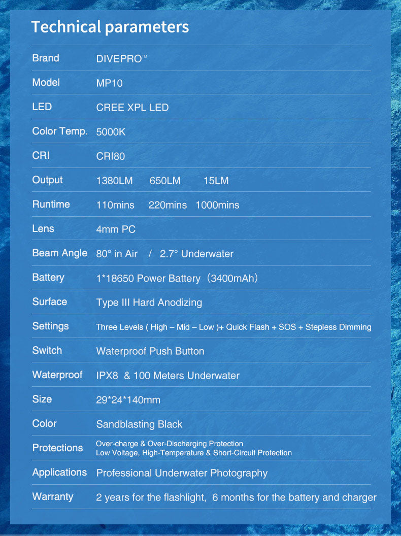 DivePro MP10 1380 Lumen with Optical Snoot Lens
